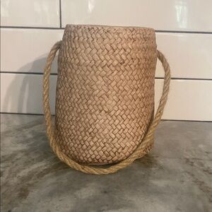 concrete woven basket planter with vegan rope handle. Heavy. Artsy boho cottage